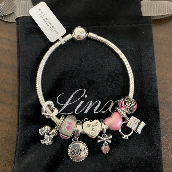 Linx Snake Chain Bracelet with Silver and Pink Wife Themed Charms